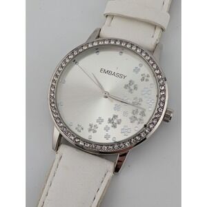 Embassy Watch Women 40mm Case Flower Dial White Faux Leather Band- New Battery